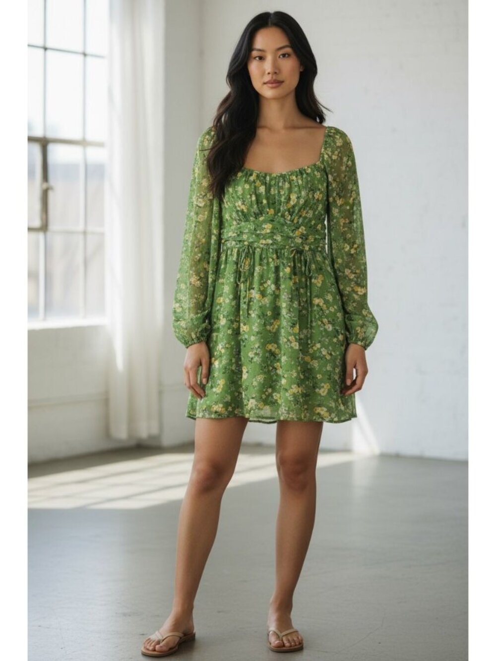 Floral Green Mini Dress With Long Sleeves Tie Waist & Square Neck - Lush Women's